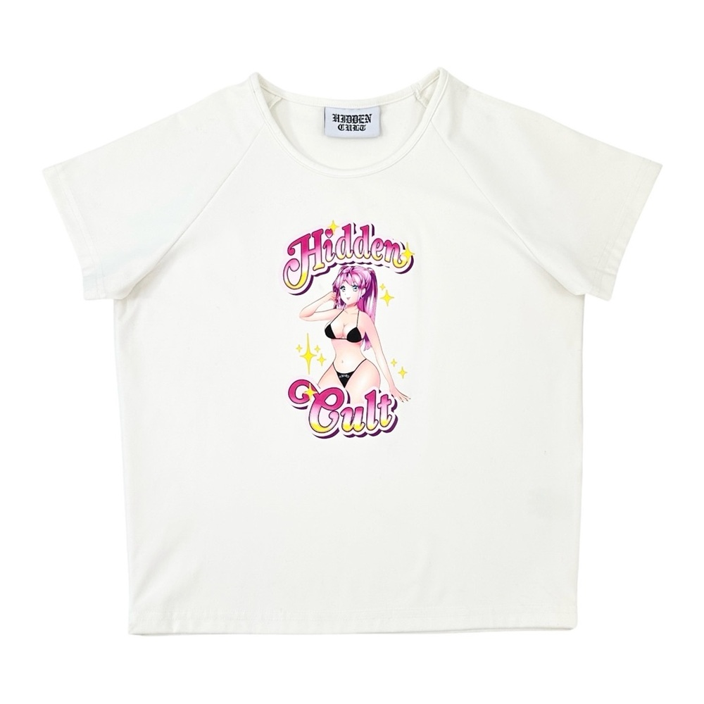 Hidden Cult White Anime Graphic Print Baby Tee T-Shirt sz L